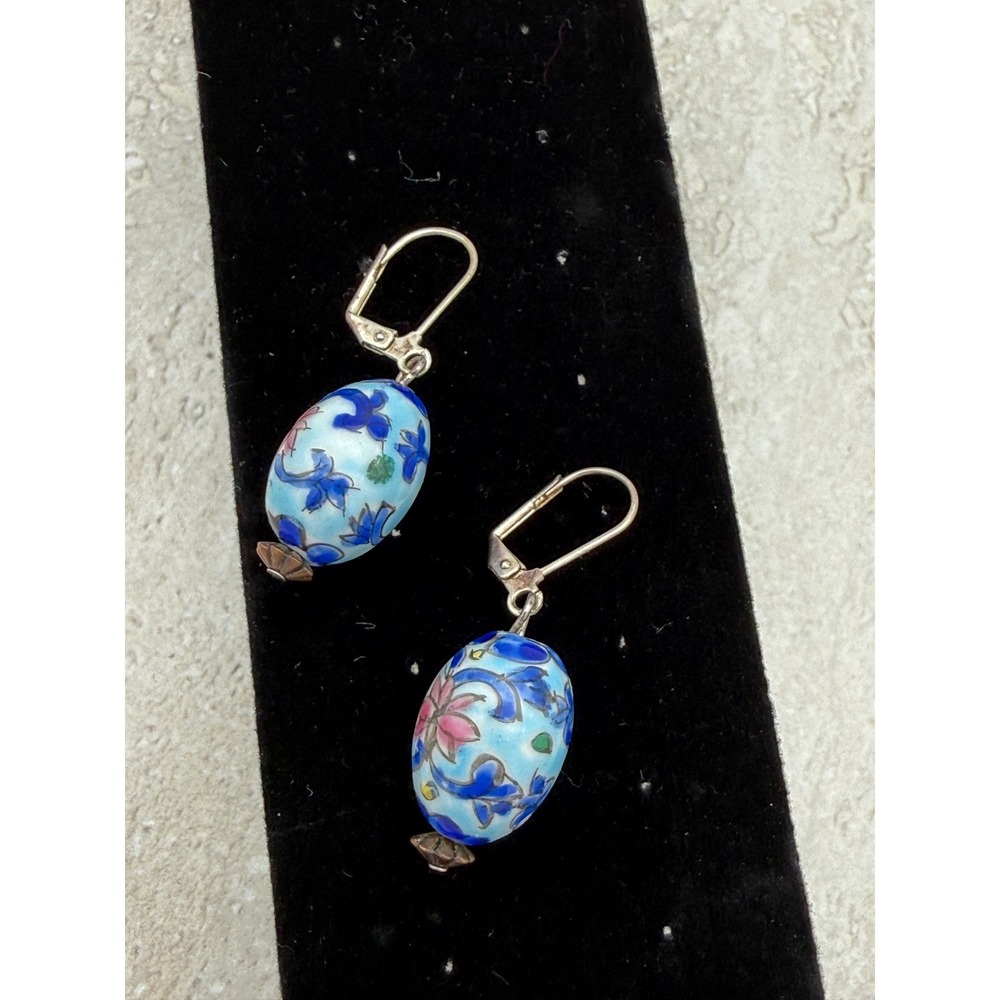 Vintage 80s Hand Painted Porcelain Floral Bead Earrings Blue Leverback